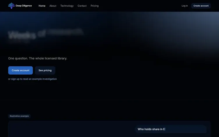 Screenshot of the Deep Diligence homepage